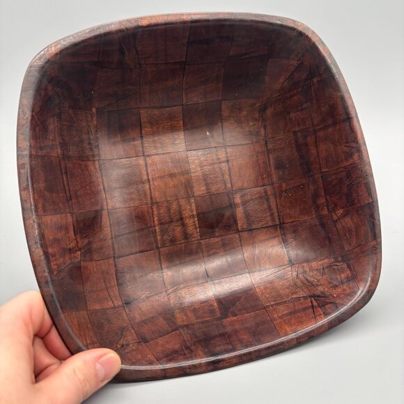 Vintage Thin-Wood Patchwork Serving Bowl 10" Handcrafted Mid Century Style - Picture 3 of 8